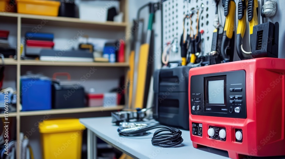 Fototapeta premium A generator charging various devices in a tidy workstation, emphasizing emergency preparedness.