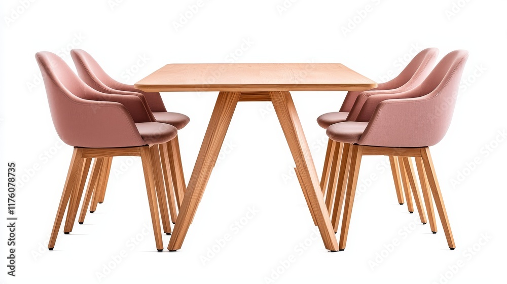 A modern dining table with matching chairs, minimalistic wooden design, fabric seats, perspective view, isolated on white background A modern dining table with matching chairs, minimalistic wooden design, fabric seats, perspective view, isolated on white background