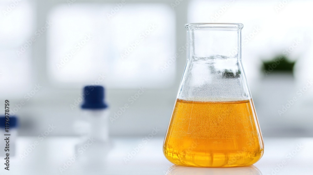 A laboratory flask containing a yellow liquid, possibly a chemical solution.
