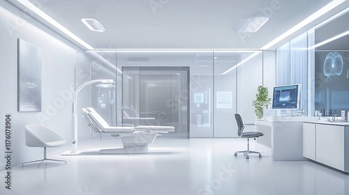 Futuristic examination room in hospital with medical equipment.