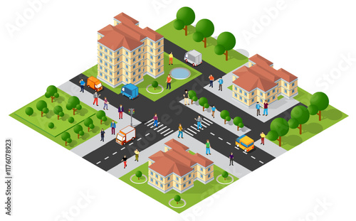 Isometric city with buildings, parks, roads, cars, delivery trucks, and people walking, shopping, and commuting