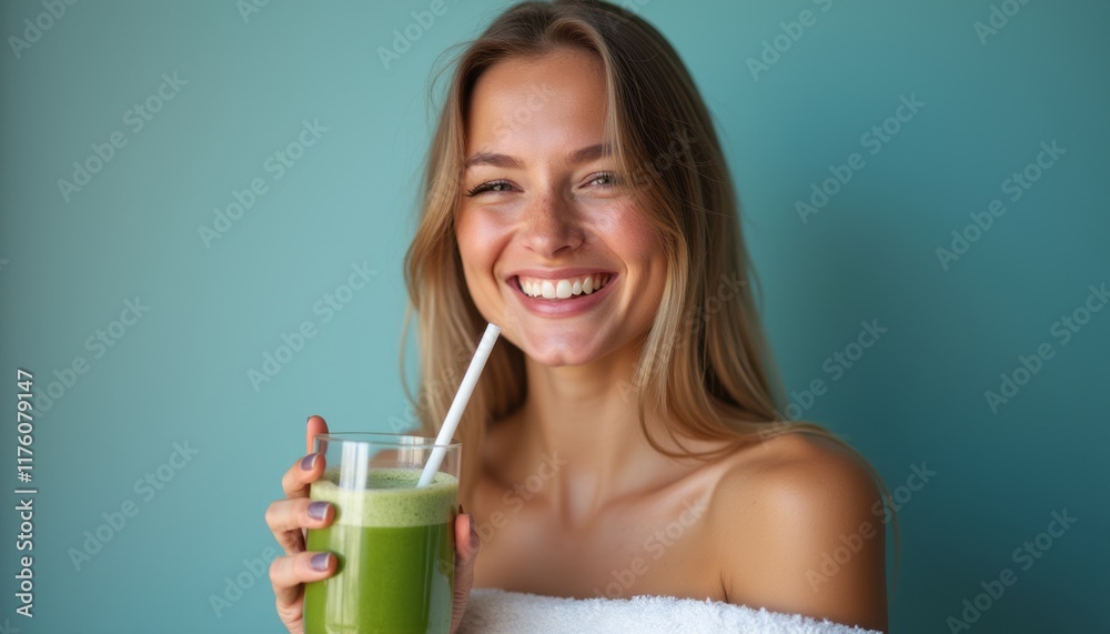 A cheerful young woman with long, flowing hair smiles brightly while holding a refreshing green smoothie in a clear glass. Her radiant expression and the vibrant color of the drink evoke a sense of A cheerful young woman with long, flowing hair smiles brightly while holding a refreshing green smoothie in a clear glass. Her radiant expression and the vibrant color of the drink evoke a sense of