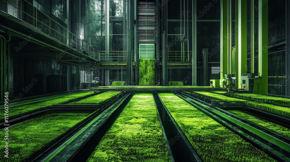 Fototapeta premium Futuristic indoor vertical farming facility showcasing lush green crops and advanced hydroponic systems in a high-tech agricultural environment