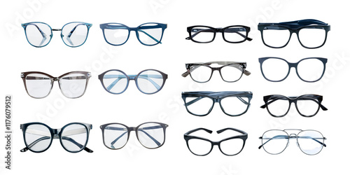 Wallpaper Mural collection of various eyeglasses frames in different shapes and styles, isolated on a transparent background in PNG format. Ideal for fashion, eyewear, and design projects. Torontodigital.ca