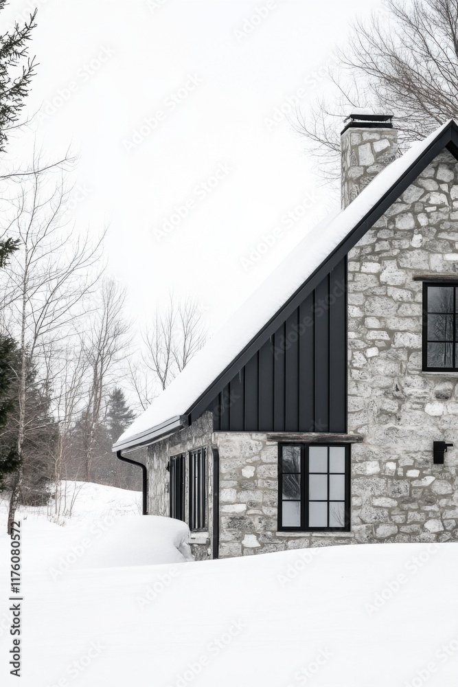 The picturesque winter scene showcases a charming stone house nestled amidst a tranquil, snow-covered landscape, creating a serene and peaceful atmosphere The picturesque winter scene showcases a charming stone house nestled amidst a tranquil, snow-covered landscape, creating a serene and peaceful atmosphere