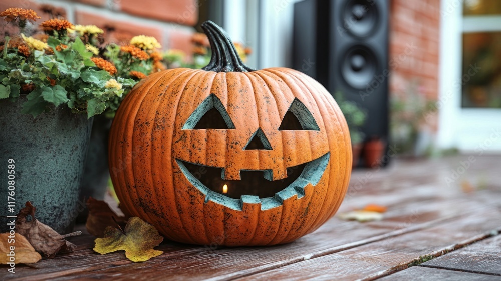 A carved pumpkin with a smiling face, placed outdoors among flowers and speakers. A carved pumpkin with a smiling face, placed outdoors among flowers and speakers.