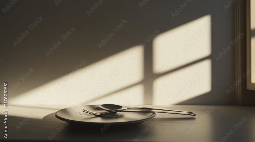 A minimalist scene with a spoon and fork resting on a plain white plate, with shadows adding depth. A minimalist scene with a spoon and fork resting on a plain white plate, with shadows adding depth.