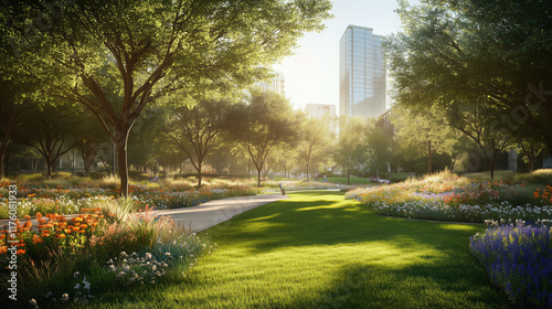 Serene Urban Park in Texas with Wide Open Lawns, Native Wildflowers in Bloom, Sun-Dappled Walking Paths, Tall Mesquite Trees, and Modern City Buildings in the Background