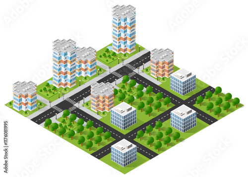 Isometric view of a modern city center with skyscrapers, roads, crosswalks, trees and green areas