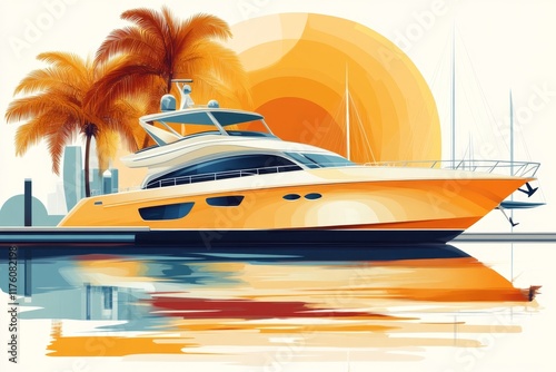 A flat 2D drawing of a Kuwaiti dhow boat docked in the marina, rendered with bright colors and simple lines