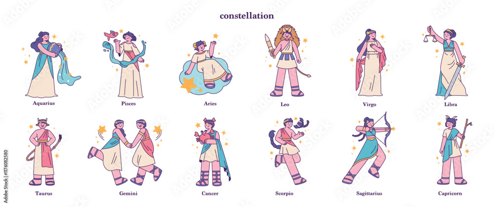 Fototapeta premium 12 zodiac signs for each month. A cartoonish illustration depicting the constellations as people.