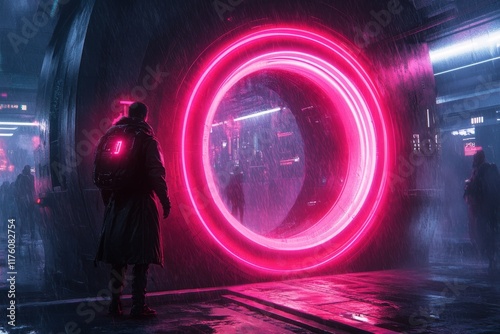 A futuristic version of Kuna main street, transformed into a glowing hub with neon signs and high-tech architecture