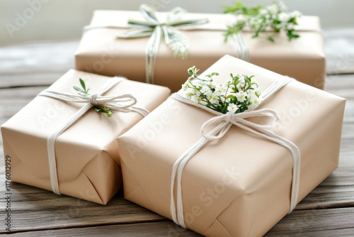 A gift-wrapping scene with kraft paper, ribbons, and sprigs of greenery spread out on a wooden table