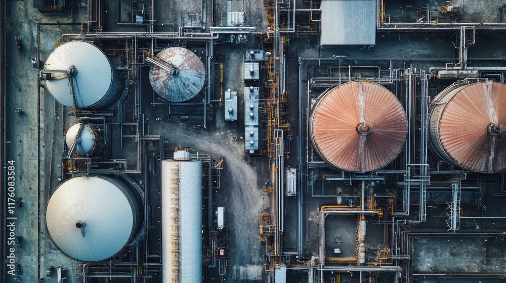 Aerial view of a large alcohol production facility with storage silos and pipes Aerial view of a large alcohol production facility with storage silos and pipes