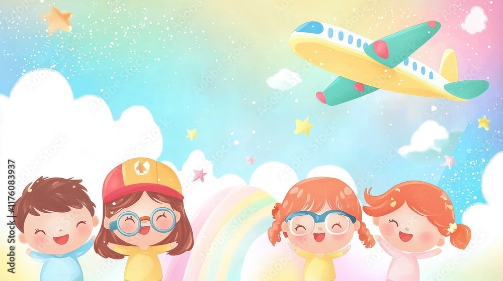 Cartoon illustration of a group of cheerful and smiling children wearing pilot glasses, with an airplane flying in the sky on a rainbow background Cartoon illustration of a group of cheerful and smiling children wearing pilot glasses, with an airplane flying in the sky on a rainbow background