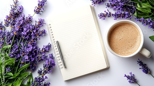 Lavender, coffee, notebook, pen, flatlay;  relaxing morning; blog, website, social media.