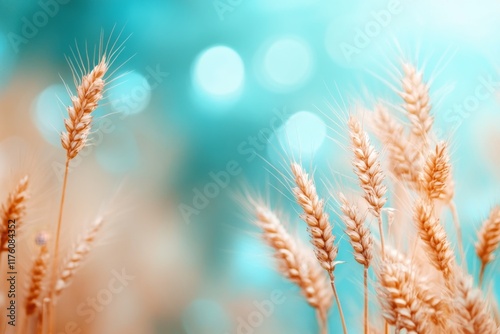 A minimalist depiction of a wheat field in Kuna, with bold, golden lines and soft blue tones in the background