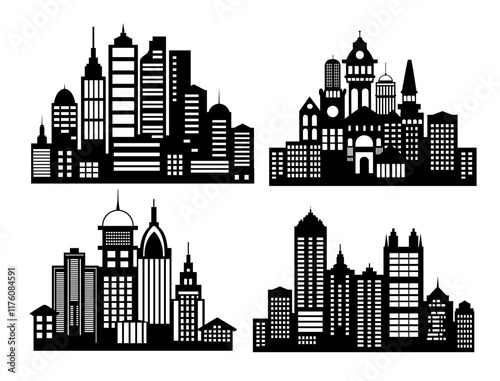 Four distinct city skylines create a striking visual representation of urban landscapes, with varying architectural styles and building heights