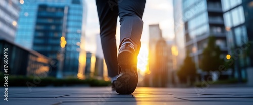 Ambitious stride towards a bright future, urban setting sunset glow, confident businessman walking, success journey, corporate career path, forward progress,  achieving goals, determined steps