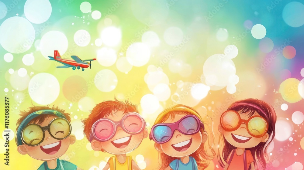 Fototapeta premium Cartoon illustration of a group of cheerful and smiling children wearing pilot glasses, with an airplane flying in the sky on a rainbow background