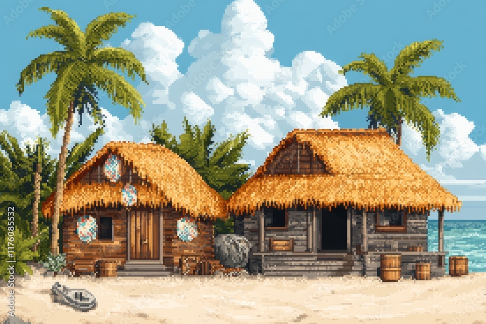 A pixel art version of a Guna Yala village, featuring colorful mola designs and tropical scenery in retro 8-bit style A pixel art version of a Guna Yala village, featuring colorful mola designs and tropical scenery in retro 8-bit style
