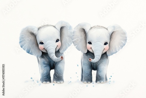 A playful 2D drawing of twin baby elephants with tiny blankets on their backs, smiling on a clean white backdrop