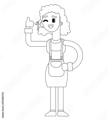 Black and white line vector illustration, female cleaning lady character, cute cartoon illustration