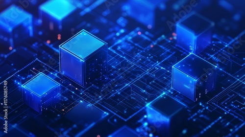 Futuristic 3D Render of a Digital Cube in a Neon Cyber Network, blue geometric background, minimalist design, wall paper