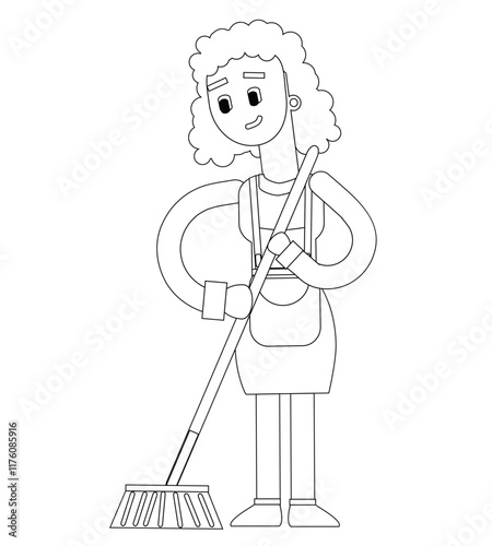 Black and white line vector illustration, female cleaning lady character, cute cartoon illustration