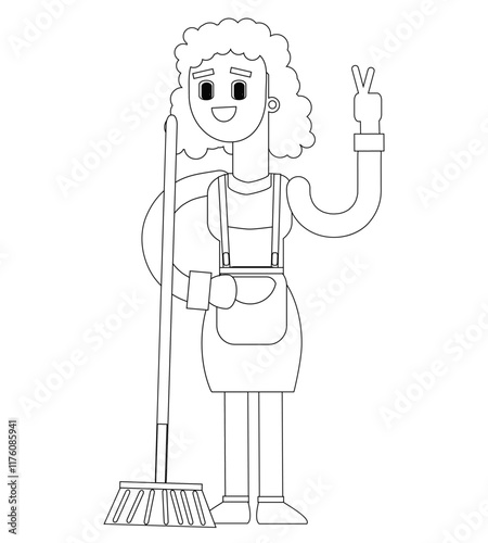 Black and white line vector illustration, female cleaning lady character, cute cartoon illustration