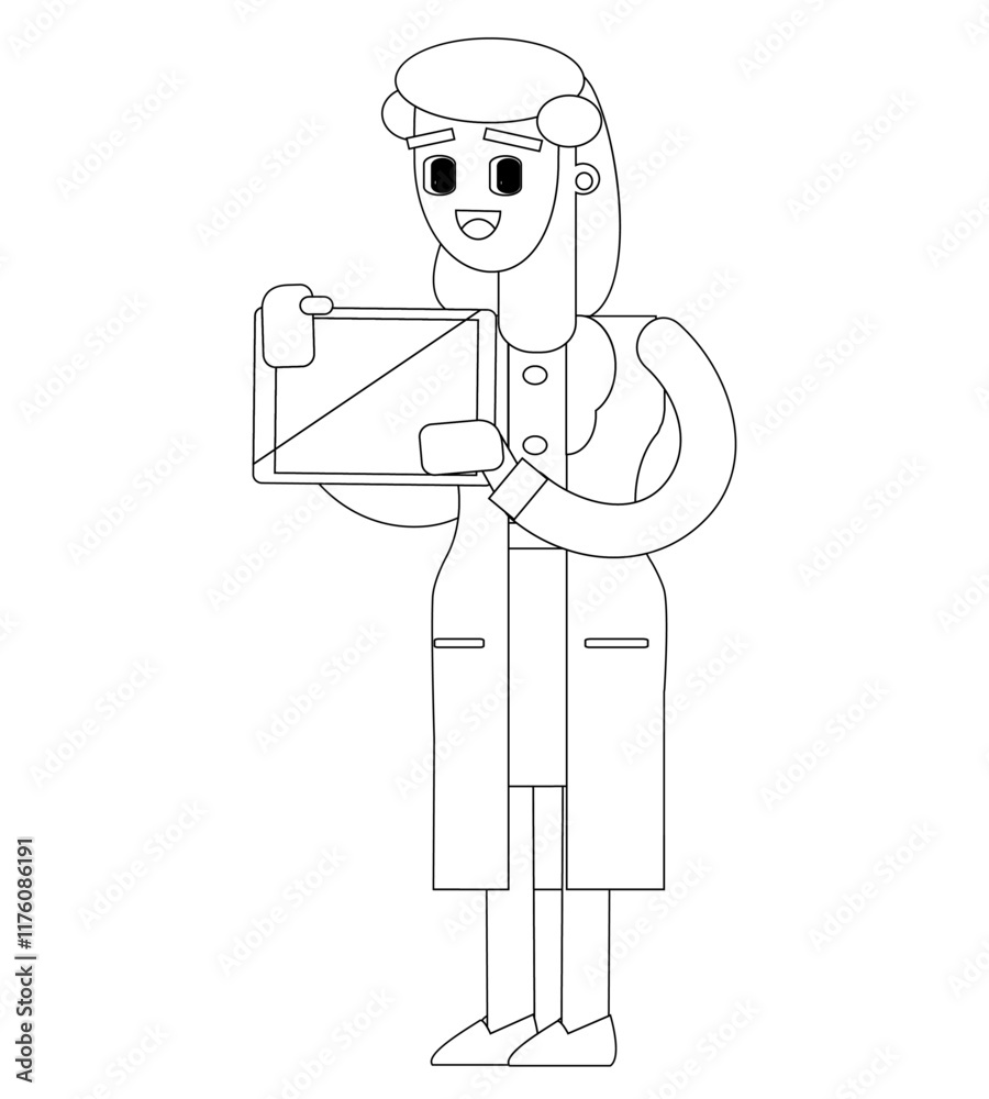 Black and white line vector illustration, female doctor character, cute cartoon illustration Black and white line vector illustration, female doctor character, cute cartoon illustration
