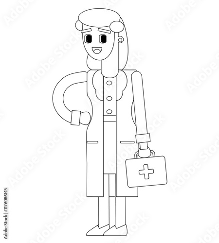 Black and white line vector illustration, female doctor character, cute cartoon illustration