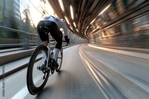 A cyclist speeds through a sleek urban tunnel at sunset, creating a feeling of movement and energy. The blurred background emphasizes the action and the city's architecture photo