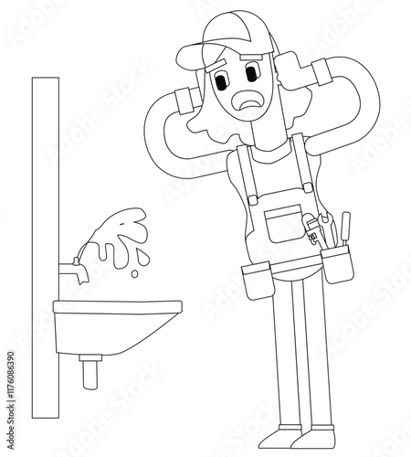 Black and white line vector illustration, female plumber character, cute cartoon illustration