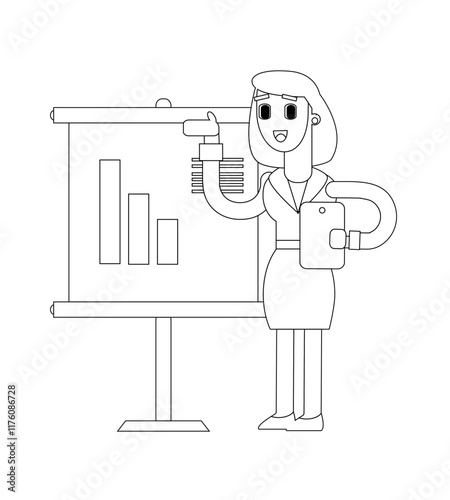 Black and white line vector illustration, business woman character doing presentation, cute cartoon illustration