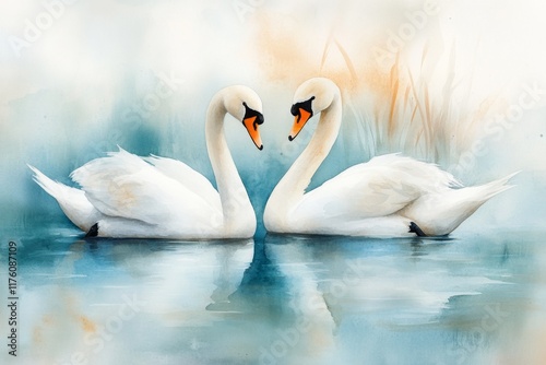 Fototapeta Naklejka Na Ścianę i Meble -  A soft watercolor painting of two swans floating on a calm lake, blending delicate blues and whites