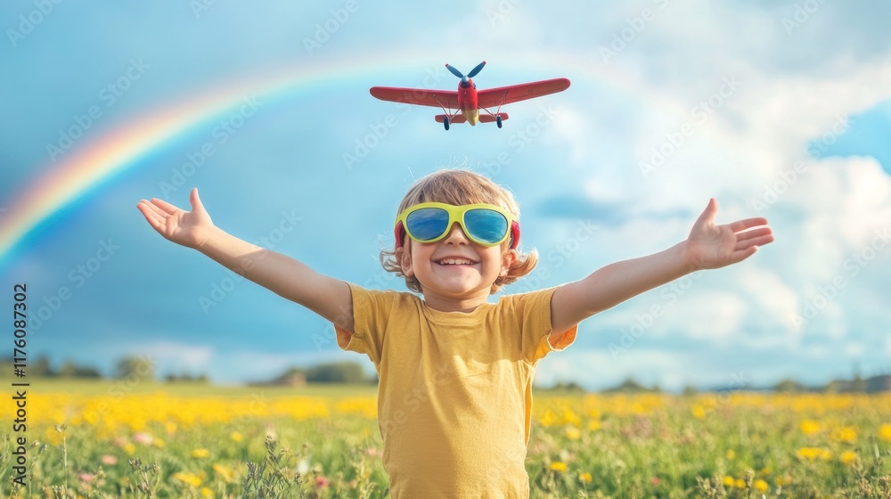 Many children with open arms, wearing aviator glasses, in the sky there are planes flying towards the rainbow, a pleasant atmosphere of childhood Many children with open arms, wearing aviator glasses, in the sky there are planes flying towards the rainbow, a pleasant atmosphere of childhood