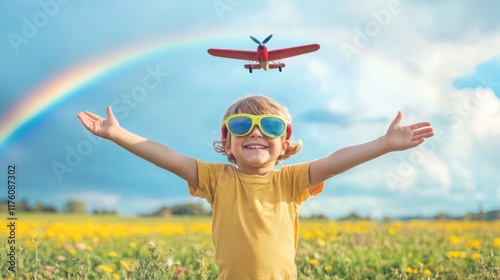 Many children with open arms, wearing aviator glasses, in the sky there are planes flying towards the rainbow, a pleasant atmosphere of childhood