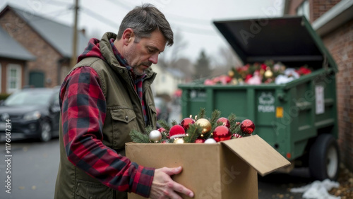 Disappointed man throws out Christmas decorations after holidays. Postholiday depression, january blues.
