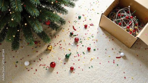 Christmas decorations mess on carpet: tangled lights and scattered ornaments. Concept postholiday depression, january blues, post-holiday cleanup.