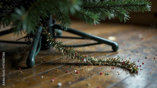 Christmas tree stand with scattered parts of decorations and forgotten tinsel strand. Concept of post-holiday depression, january blues, post-holiday cleanup.