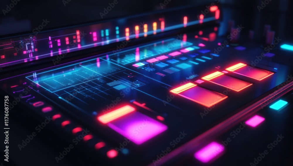 Close-up of a Futuristic Audio Mixer with Glowing Buttons Close-up of a Futuristic Audio Mixer with Glowing Buttons