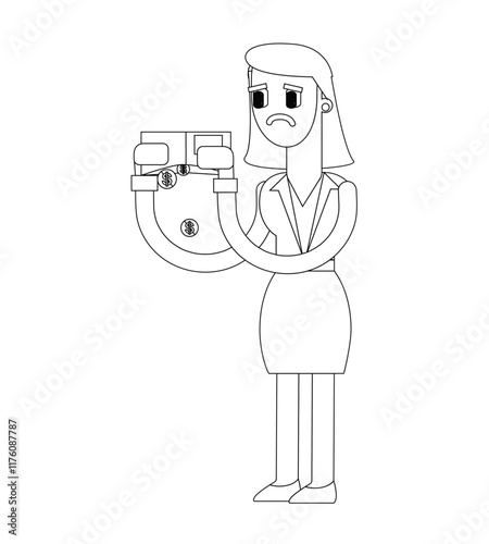 Black and white line vector illustration, woman character with money, cute cartoon illustration
