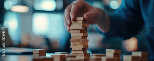 Strategic Building: A Man Carefully Constructs a Tower of Wooden Blocks, Representing Planning, Risk Management, and Problem-Solving. photo