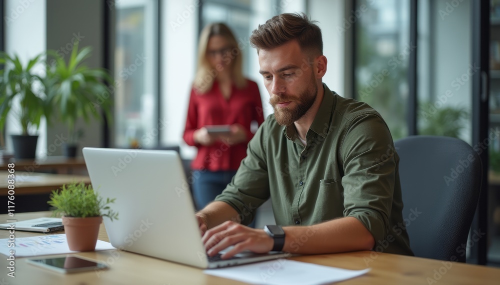 A young man with a beard is intently typing on his laptop in a stylish office, while a woman stands in the background holding a tablet. The scene captures a dynamic work environment, highlighting A young man with a beard is intently typing on his laptop in a stylish office, while a woman stands in the background holding a tablet. The scene captures a dynamic work environment, highlighting