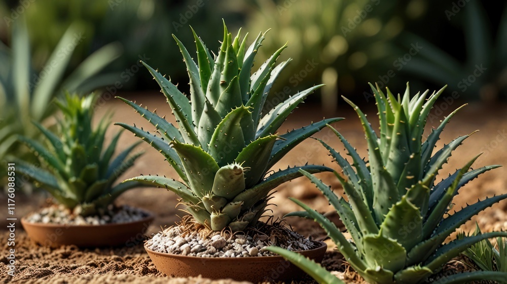 Lush green aloe vera plants in terracotta pots, outdoors in sunlight. Lush green aloe vera plants in terracotta pots, outdoors in sunlight.