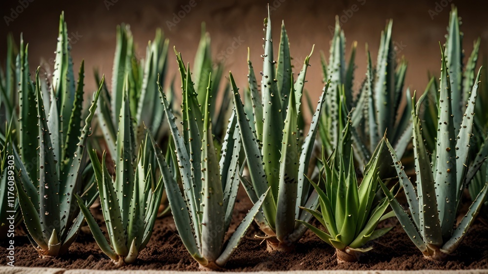 Lush green aloe vera plants in rows, cultivated in rich soil. Lush green aloe vera plants in rows, cultivated in rich soil.