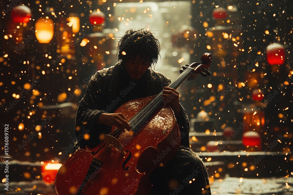 Fototapeta premium A musician plays a cello in a magical, dimly lit setting with glowing lanterns and falling sparks.