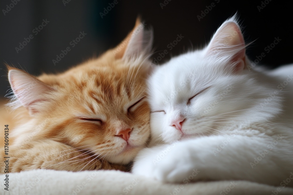 Two kittens snuggling together on a soft blanket, their eyes half-closed in contentment Two kittens snuggling together on a soft blanket, their eyes half-closed in contentment