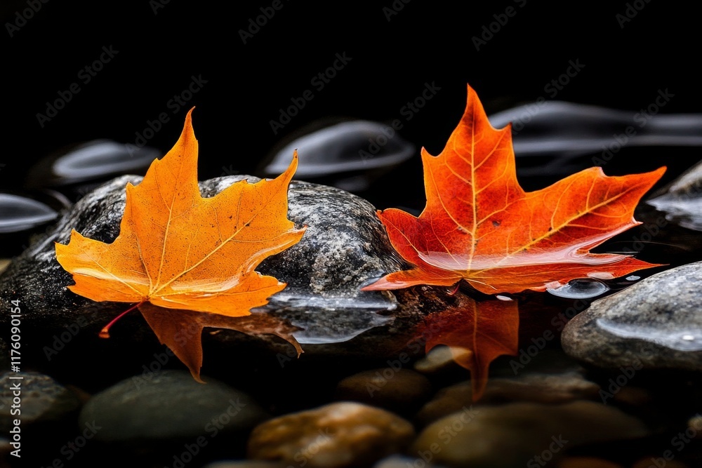 Two leaves floating side by side in a crystal-clear stream Two leaves floating side by side in a crystal-clear stream